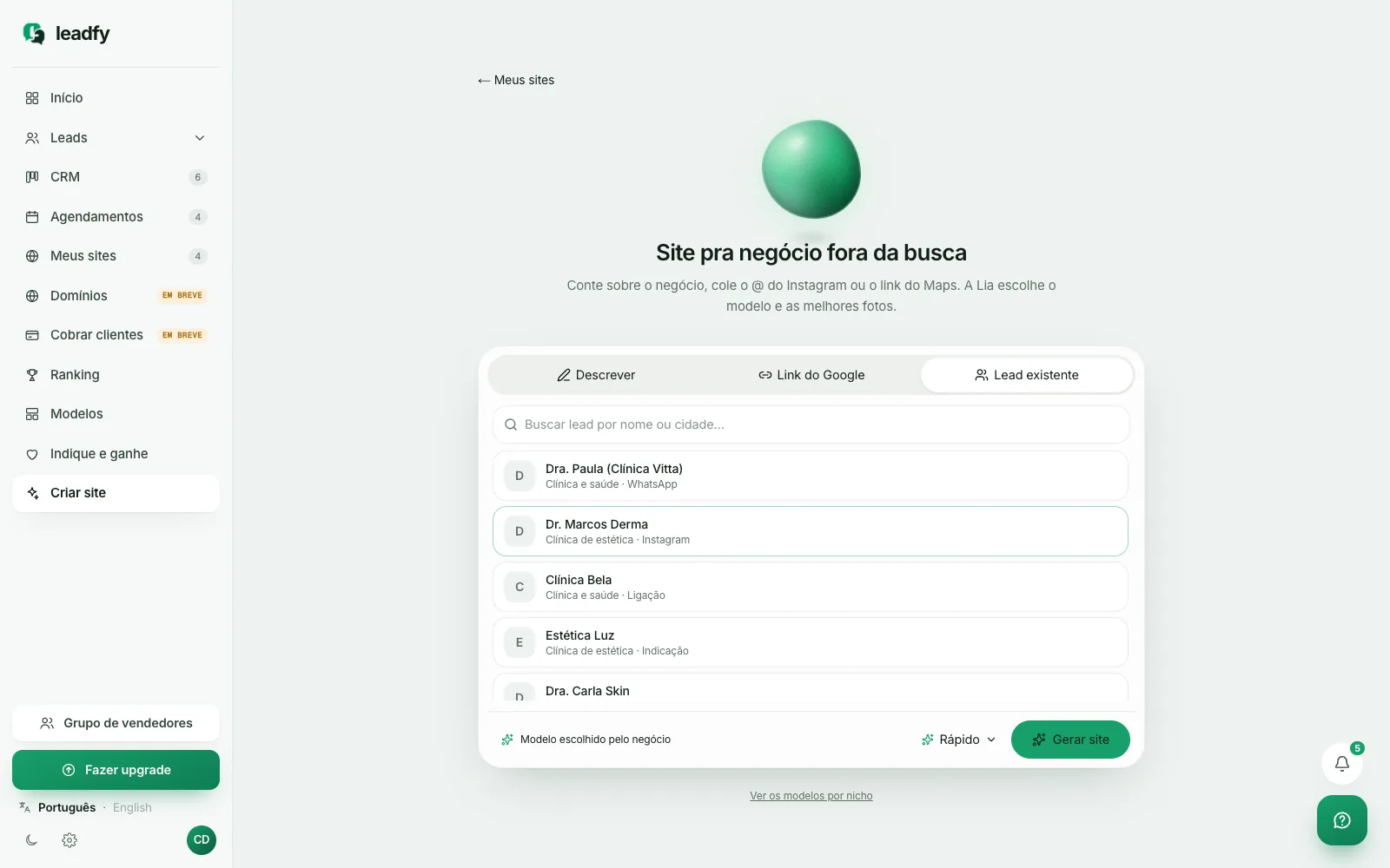 Tela Criar site, com a caixa de descrição do negócio e a lista de leads.